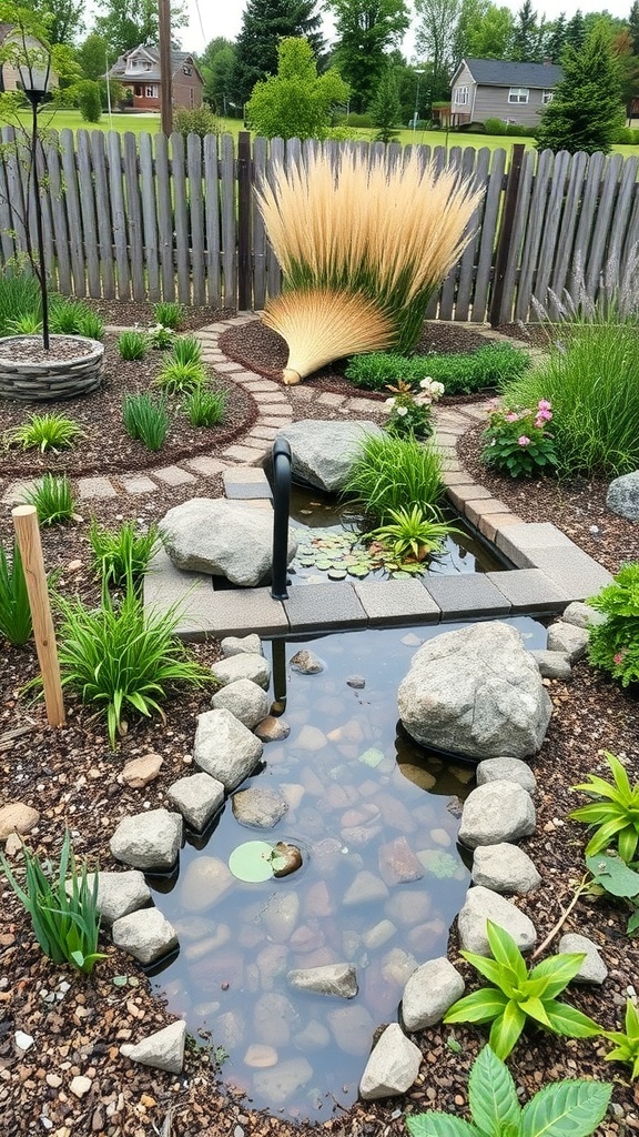 A rain garden featuring a pond, plants, and a winding path, designed for stormwater management.