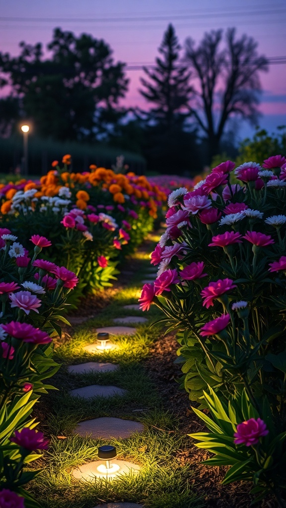A flower garden at dusk with path lighting illuminating the walkway