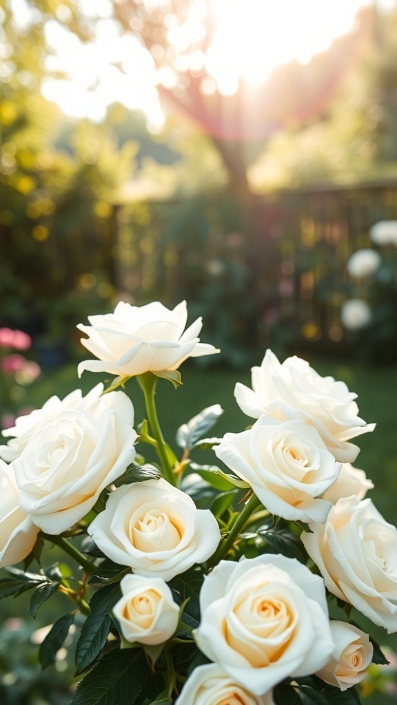 A close-up of white roses in a garden with sunlight filtering through the leaves.