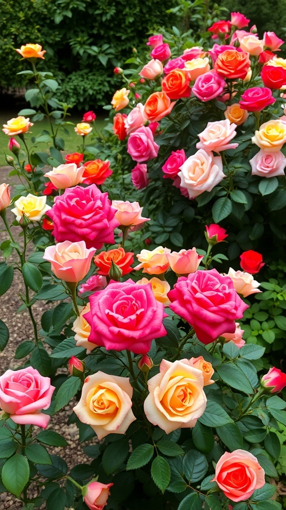 A vibrant collection of roses in various shades, including pink, red, and yellow, blooming in a garden.