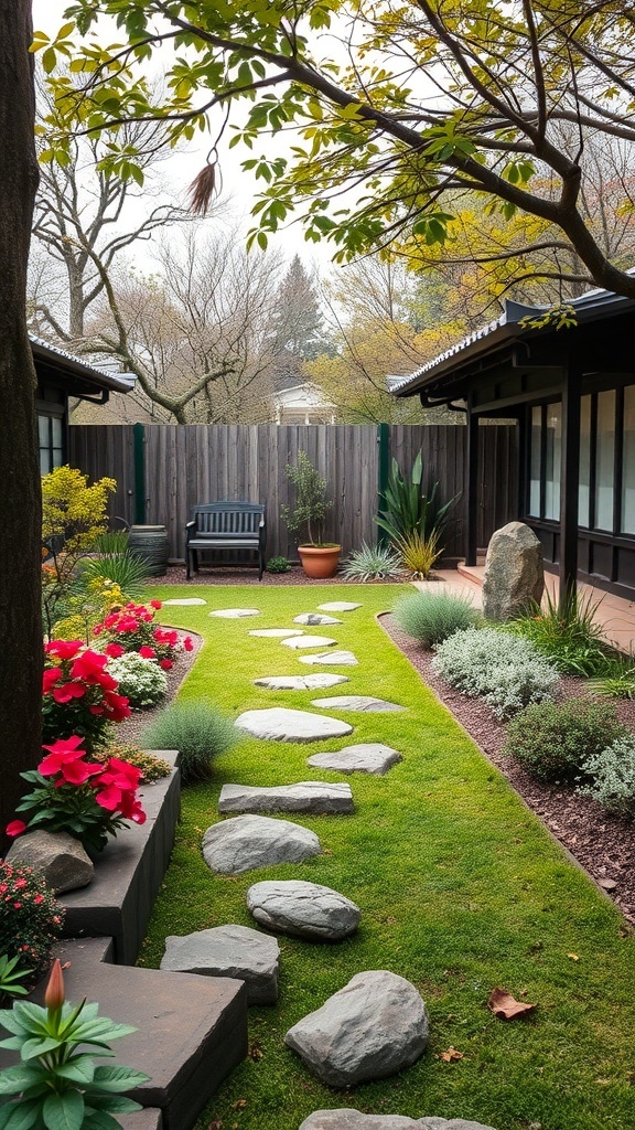 A serene Feng Shui garden with a stone pathway, colorful flowers, and a bench surrounded by greenery.