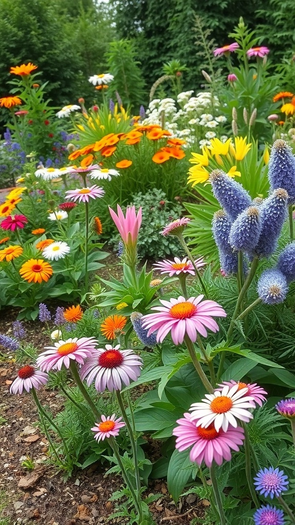 A vibrant flower garden featuring various perennials including daisies, echinacea, and marigolds.