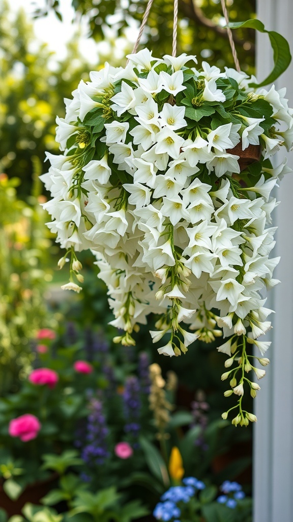 Hanging basket filled with delicate white Campanula flowers, surrounded by a colorful garden.