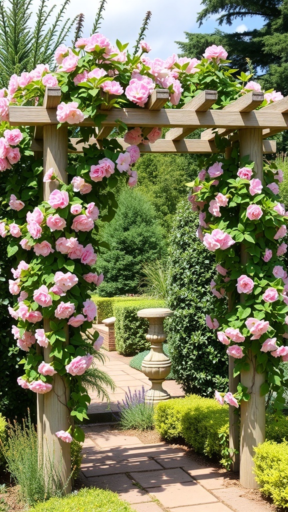 A beautiful wooden arbor covered in pink and white flowers, leading into a lush green garden.