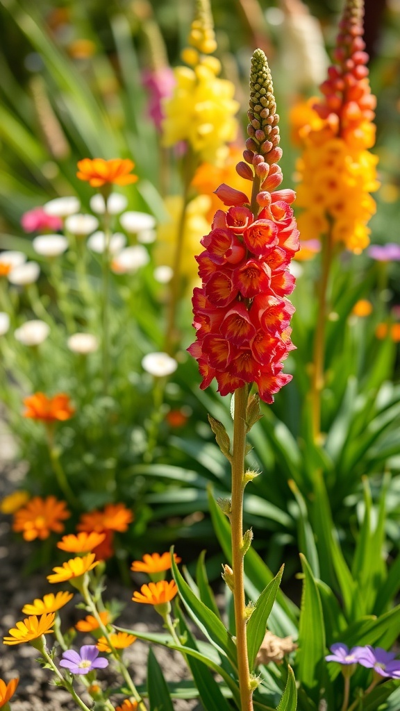 Colorful snapdragons in a garden with various flowers