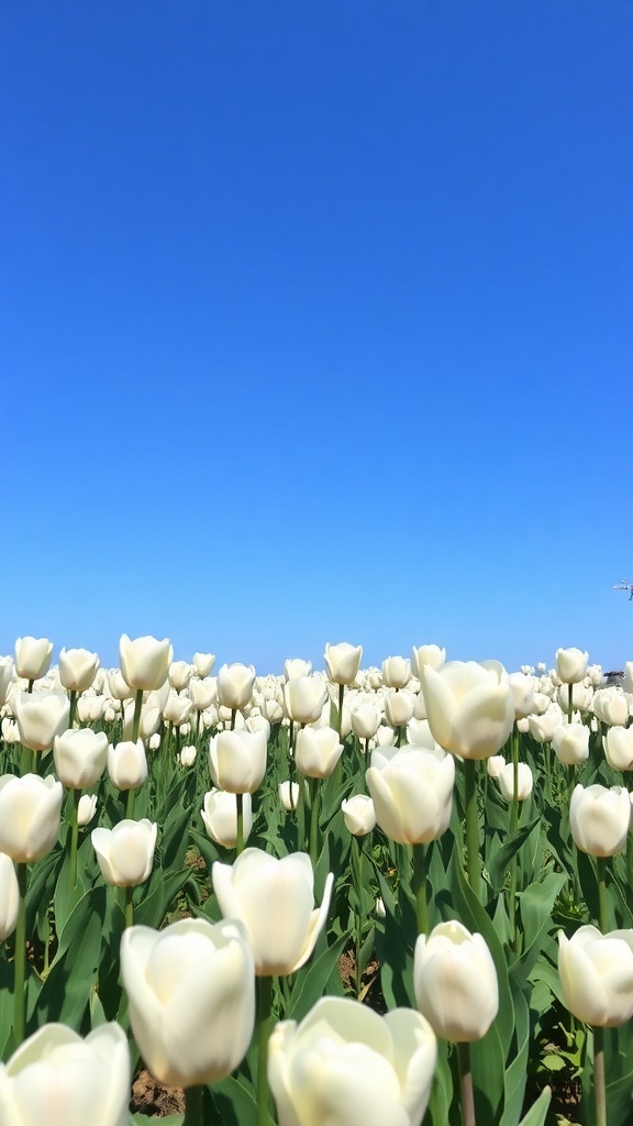 Field of white tulips under a clear blue sky