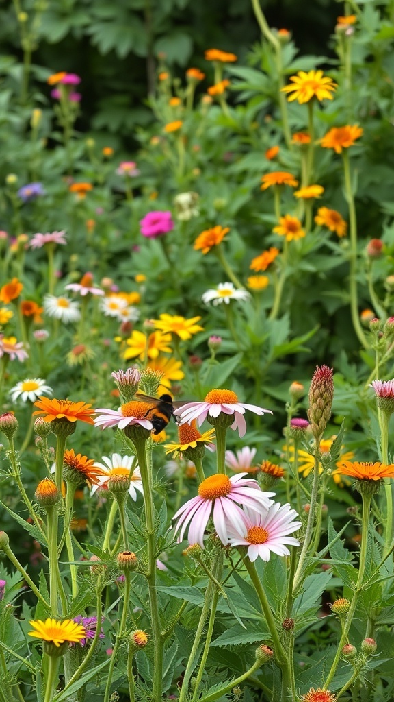A colorful garden filled with various flowering plants attracting pollinators like bees.