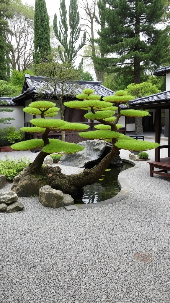 A serene Zen Japanese garden featuring a pond with koi fish, sculpted trees, and carefully arranged rocks.