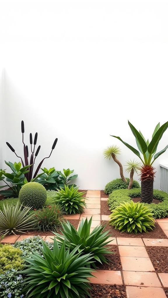 An Art Deco inspired garden featuring geometric plant arrangements and structured layout.