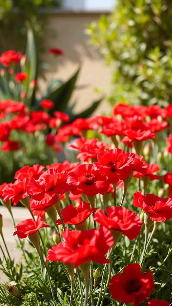 A vibrant display of red carnations in a garden