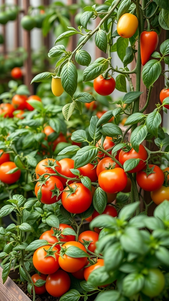 A vibrant gourmet pizza garden with ripe tomatoes and a sign that says 'PIZZA'.