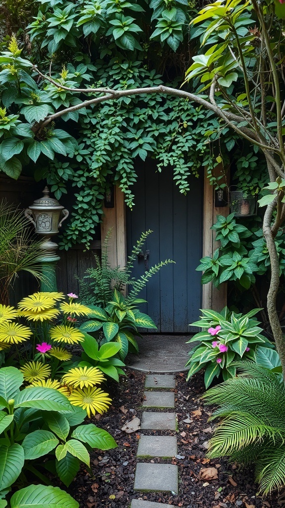 A lush garden entrance with a stone pathway leading to a wooden door, surrounded by vibrant flowers and greenery.