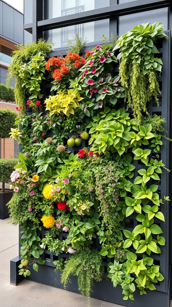 A vibrant vertical garden with various flowers and greenery on a wall.