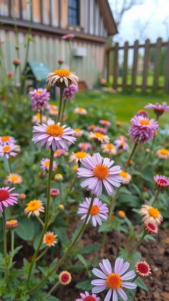 A cluster of Tansy flowers with purple petals and orange centers in a garden setting.