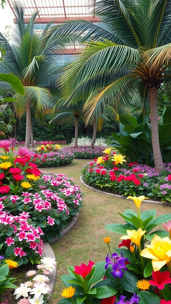A vibrant flower garden with colorful flowers and palm trees, featuring winding paths and lush greenery.