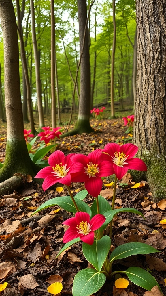 A cluster of vibrant red Trillium flowers blooming in a woodland setting, surrounded by green trees and fallen leaves.