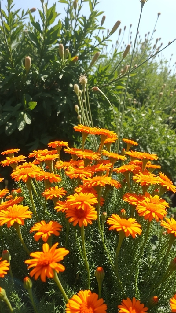 A close-up of bright orange calendula flowers in a sunny garden