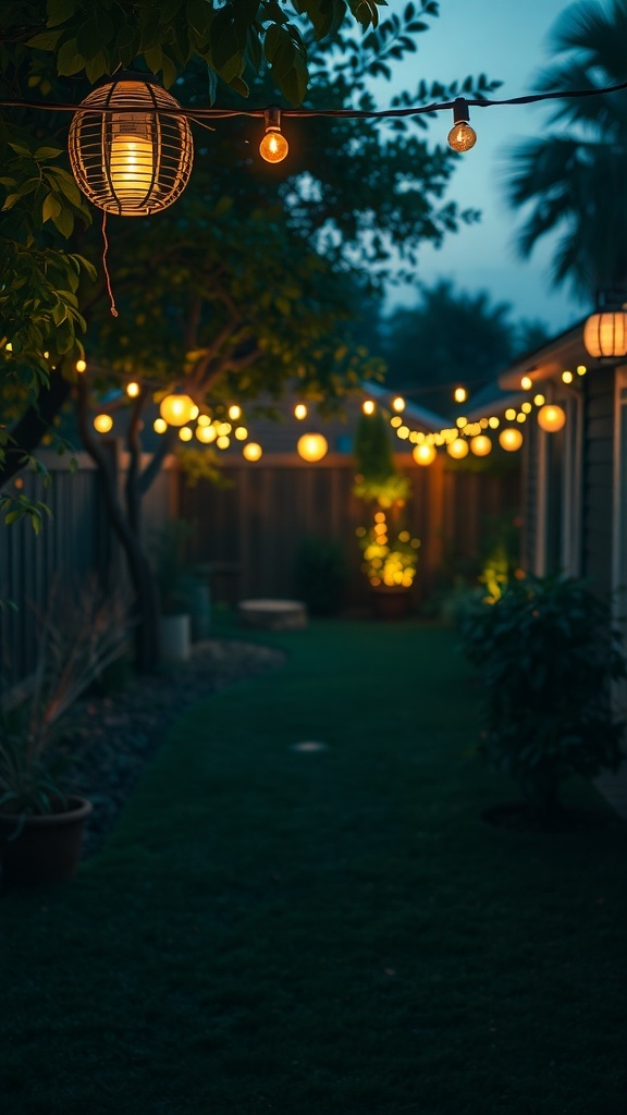 A backyard with string lights and lanterns creating a warm and inviting atmosphere.