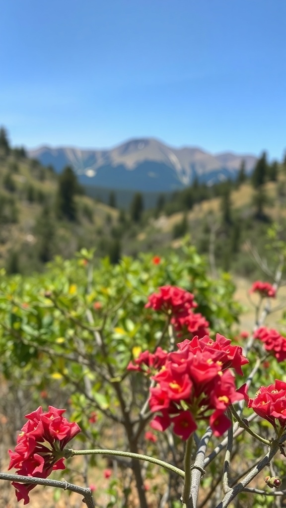 Red Mountain Laurel flowers in front of mountains