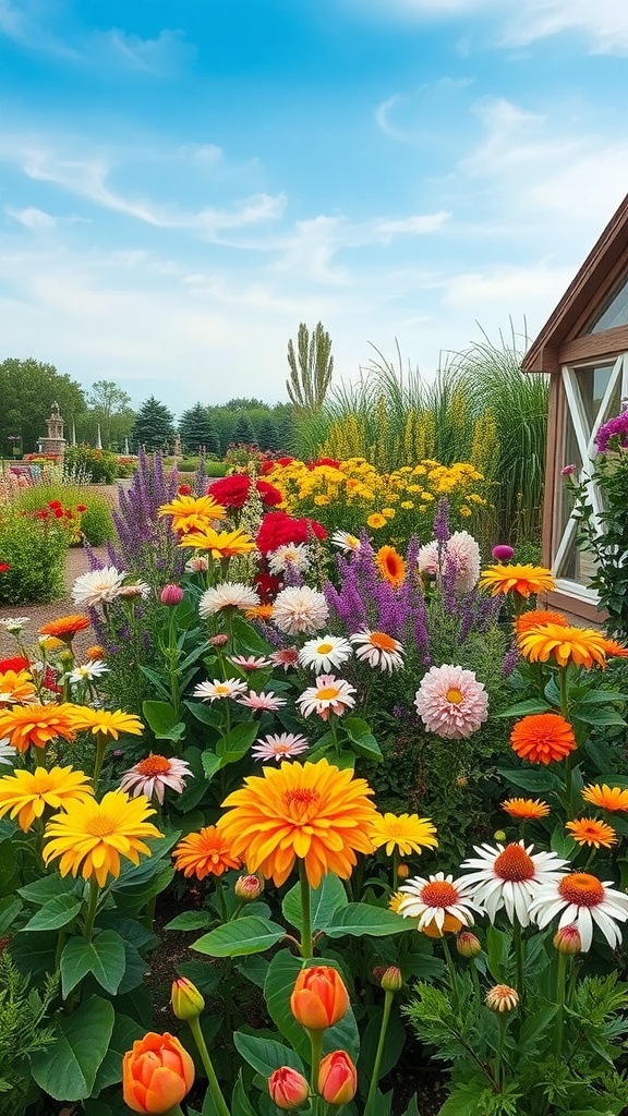 A vibrant flower garden with a variety of colorful blooms including yellow daisies, pink zinnias, and orange marigolds under a blue sky.