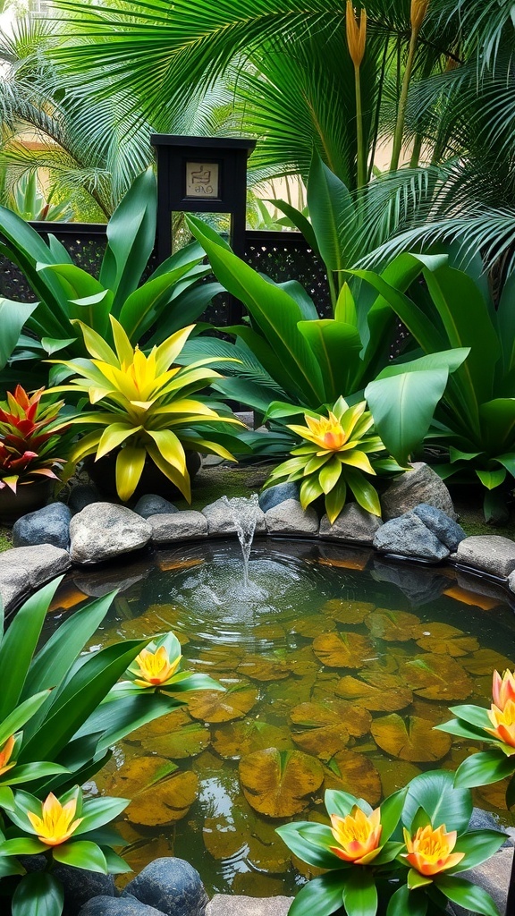 A tropical water feature with a pond, fountain, and vibrant plants.