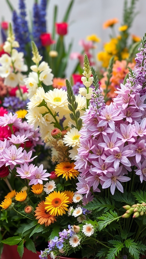 A vibrant arrangement of various perennial flowers including daisies, snapdragons, and delphiniums.