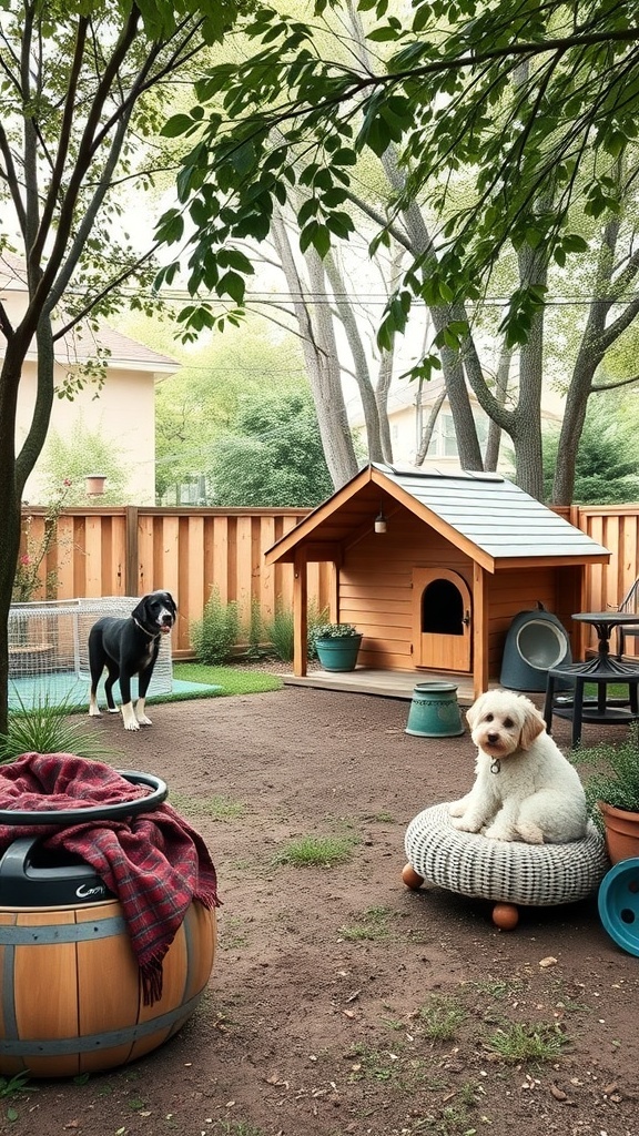 A cozy backyard with a dog house, two dogs, and a comfortable pet bed.