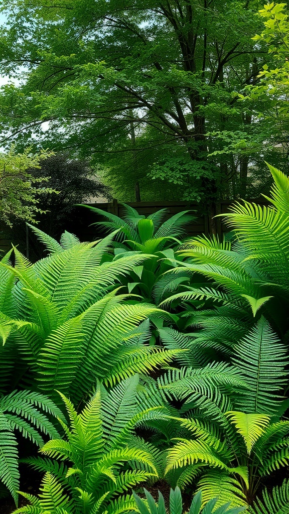 A lush tropical fern garden with various green ferns and trees in the background.