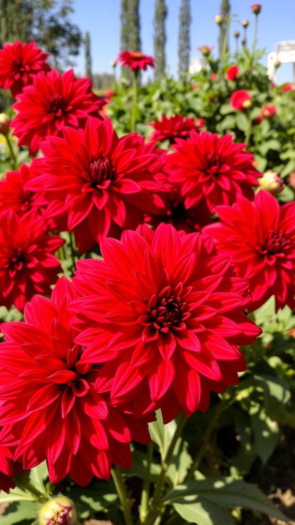 A close-up of vibrant red dahlias in full bloom, showcasing their dramatic petals and lush green leaves.