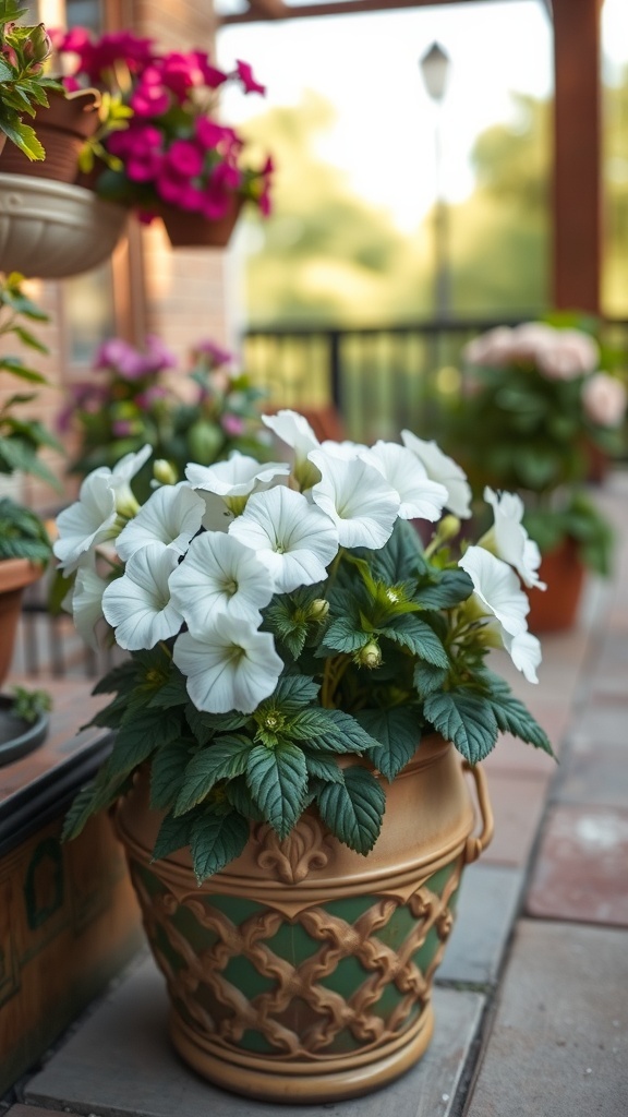 Container filled with soft white petunias in a garden setting