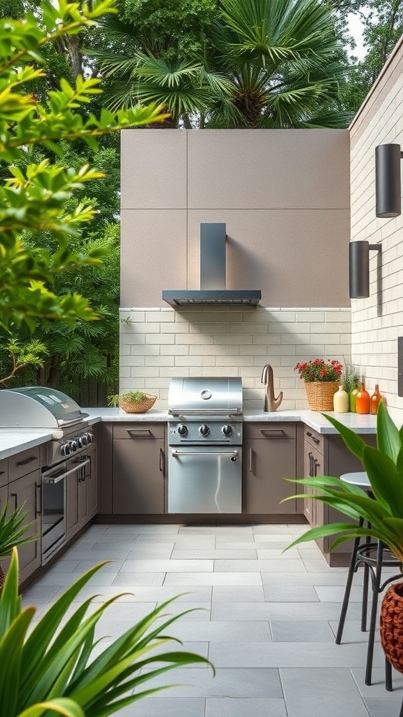 Stylish outdoor kitchen with modern appliances and surrounding greenery