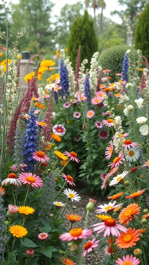 Colorful flower garden with various blooms including daisies, marigolds, and lavender.