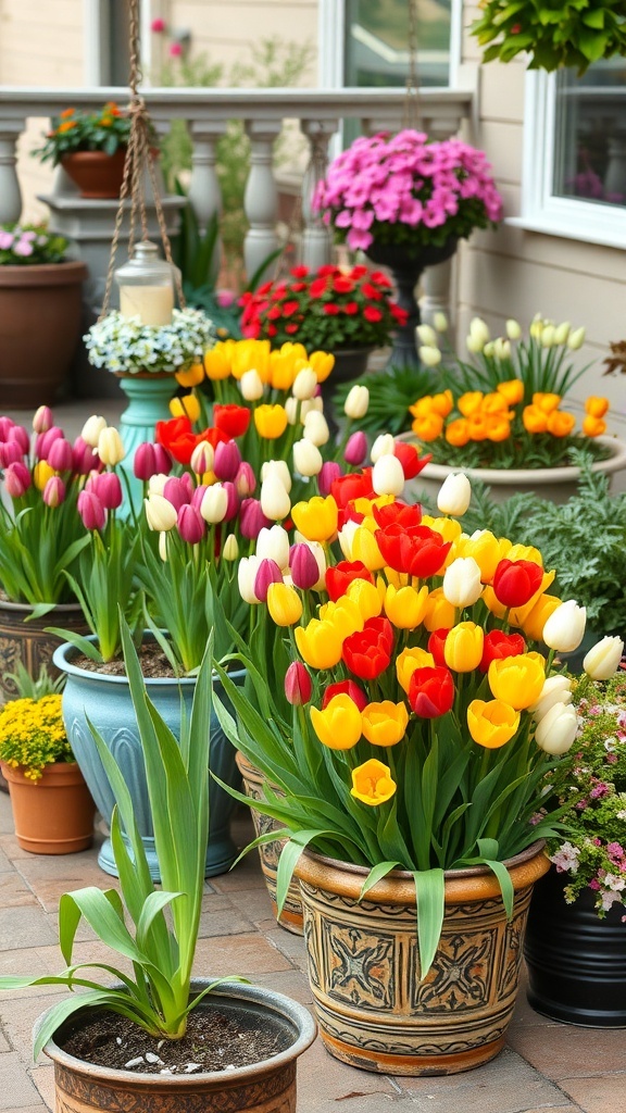 Colorful tulips in various pots on a patio