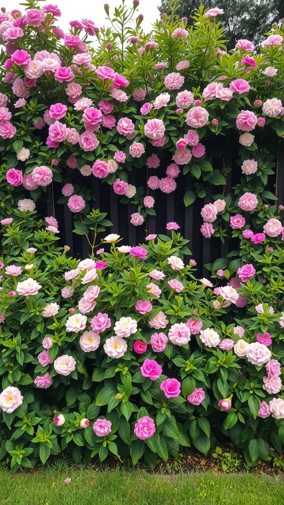 A vibrant display of pink and white flowering shrubs climbing over a dark fence.
