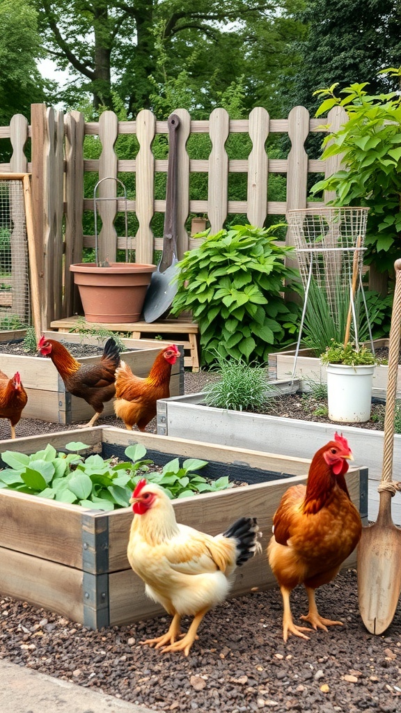 A rustic farm garden featuring wooden raised beds, a wooden shed, and chickens.