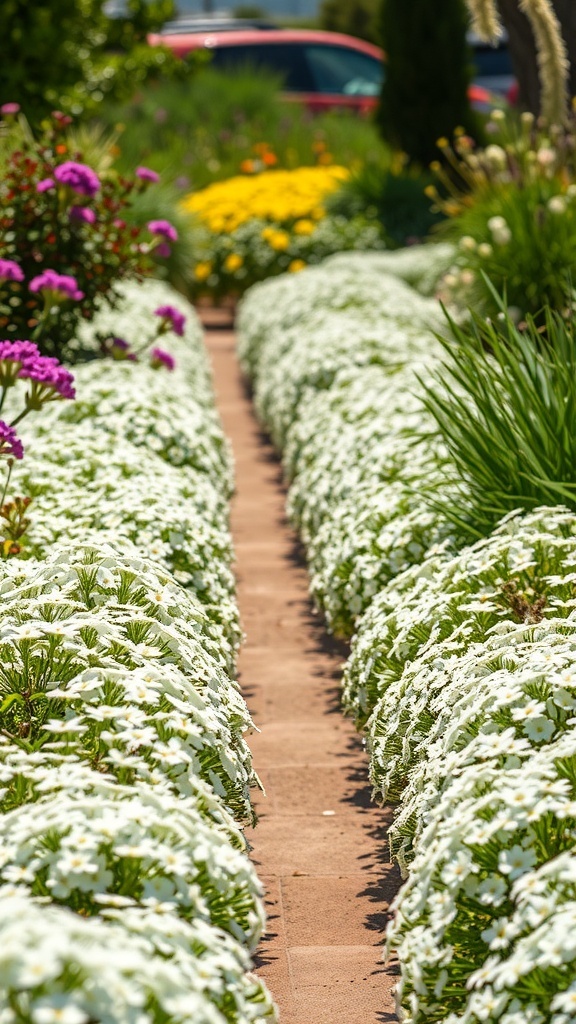 Pathway lined with delicate white Alyssum flowers in full bloom
