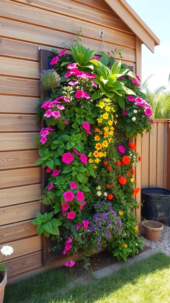 A vibrant vertical garden with colorful flowers and greenery on a wooden wall.