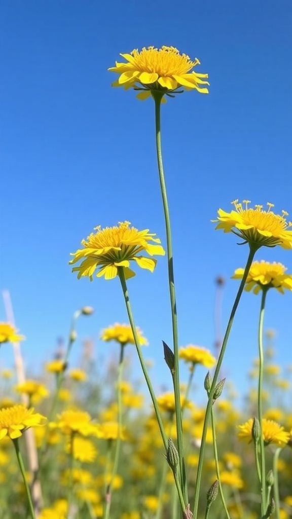 Golden Yarrow flowers blooming under a clear blue sky