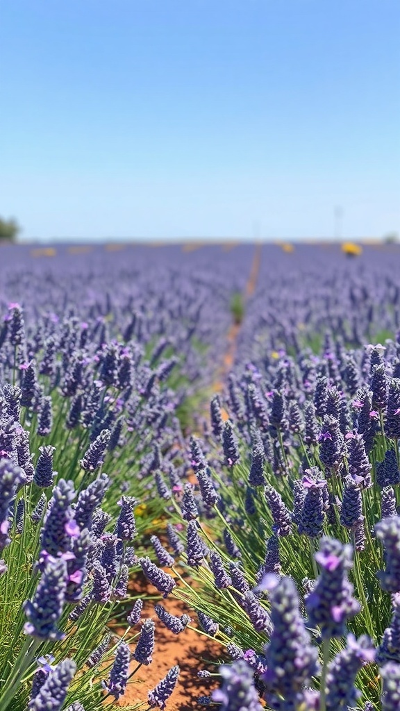 A field of blooming lavender flowers under a clear blue sky.
