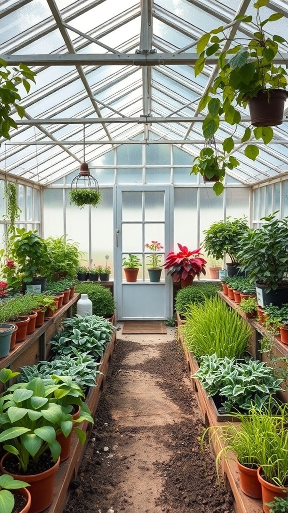 Interior view of a greenhouse filled with various plants and flowers.