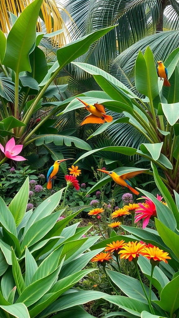 A vibrant tropical garden with colorful flowers and birds among lush green plants.