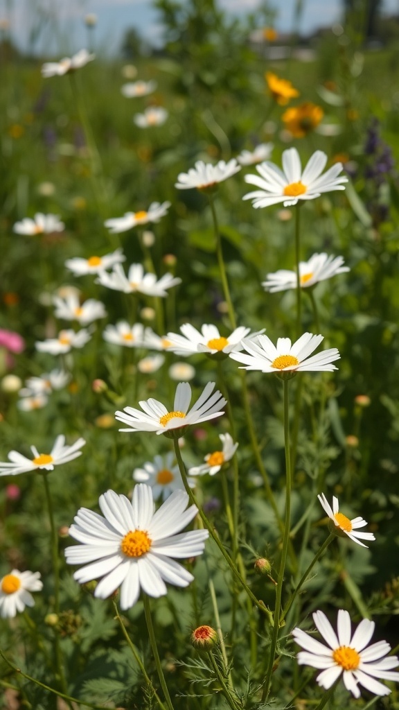 A field of fresh white cosmos flowers with yellow centers, surrounded by other colorful blooms.