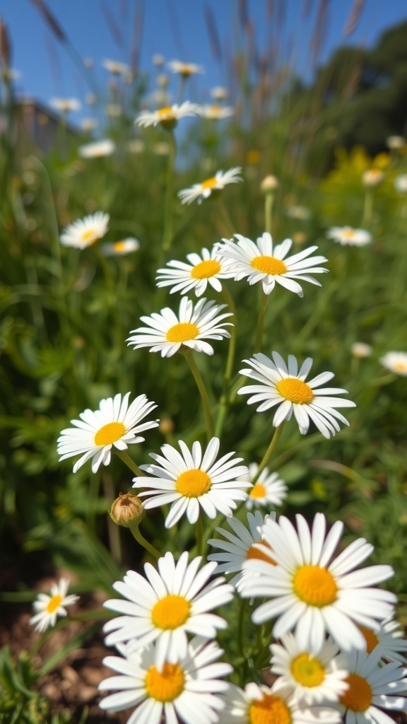 A close-up of white daisies with yellow centers in a garden setting.