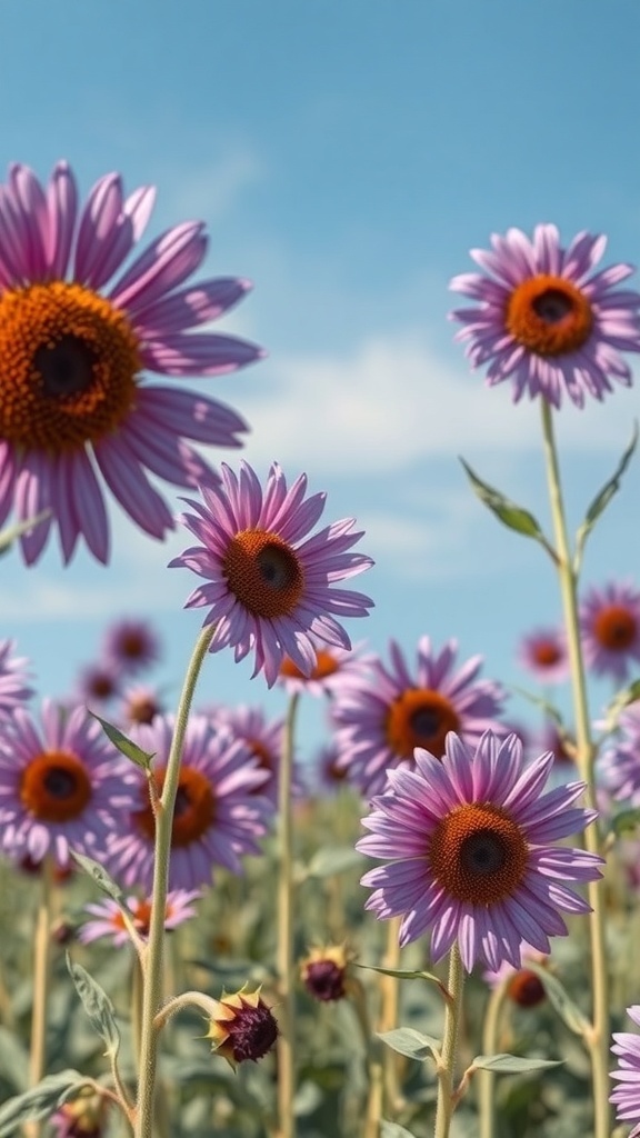 Field of purple sunflowers under a blue sky