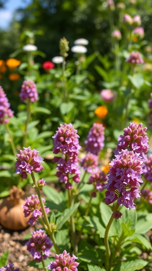A close-up of purple heliotrope flowers in a garden, surrounded by various colorful blooms.