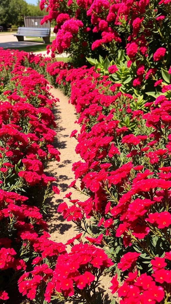 A vibrant pathway lined with clusters of red verbena flowers, showcasing their beauty and charm.