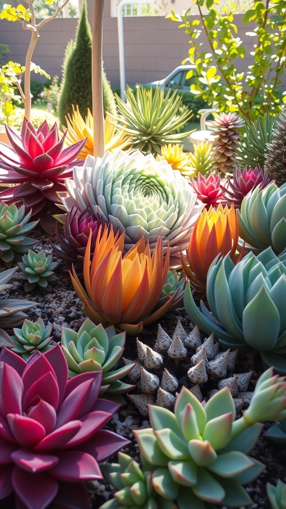 A vibrant display of various succulents in a garden setting, showcasing colorful plants in different shapes and sizes.