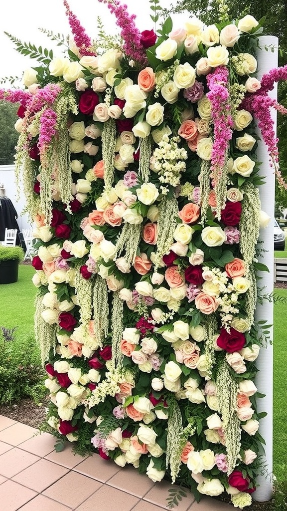A vibrant vertical flower wall featuring a mix of pink and white flowers with lush greenery.