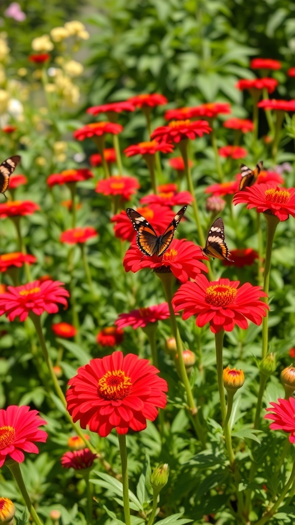 A vibrant display of red zinnias with butterflies in a garden
