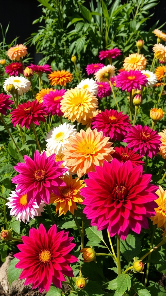 A vibrant display of colorful dahlias in various shades of pink, orange, and white, thriving in full sun.